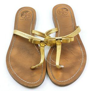 Tory Burch Women' Brown/Metallic Gold Leighanne Bow Flip Flops Size 10 (Posh133)